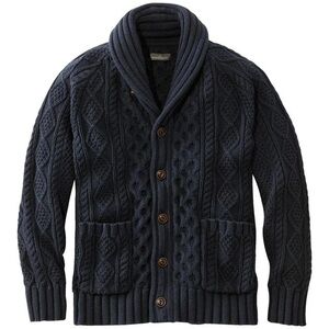 LL Bean Vintage Fisherman Sweater Jacket Navy Cable Knit Shawl Collar Cotton